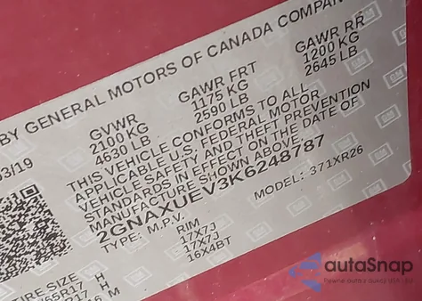 2019 Chevrolet Equinox Lt z USA, uszkodzony, nr VIN 2GNAXUEV3K6248787